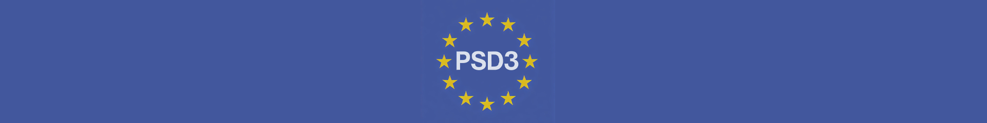 PSD3 logo featuring the text 'PSD3' in white, centered within a circle of yellow stars, similar to the European Union flag, on a solid blue background.