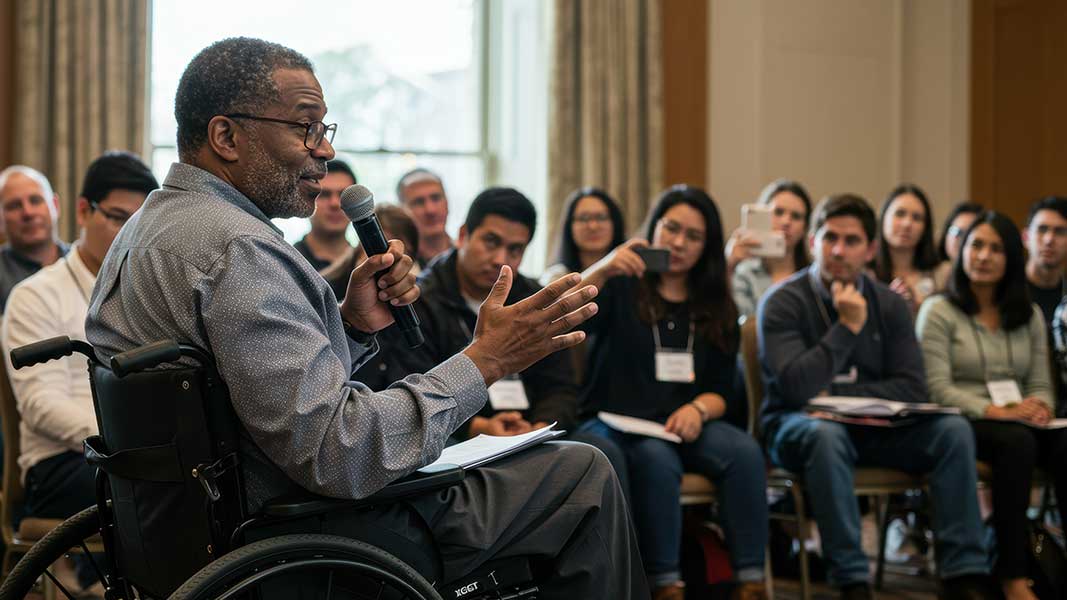 Man in a wheelchair speaks into a microphone at a conference, addressing an attentive audience. The setting is indoors, emphasizing themes of accessibility and empowerment.