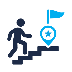 Person climbing steps toward a goal marker and flag.