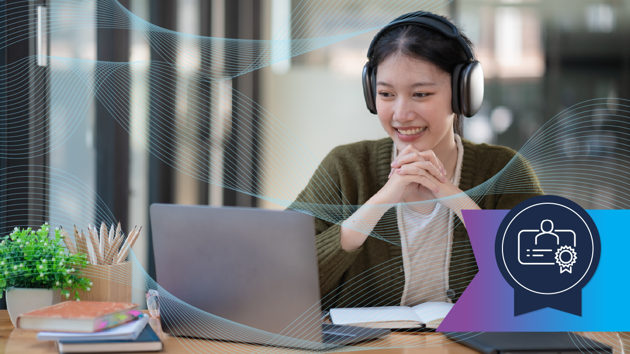 Smiling young woman wearing headphones sits at a desk with a laptop and open notebook, appearing engaged in an online learning session. A certification badge graphic is overlaid in the corner.