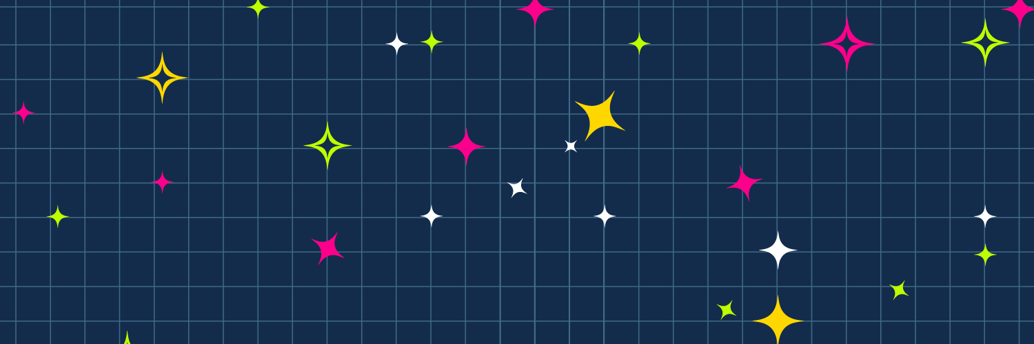 Dark blue grid background decorated with scattered, colorful starbursts in pink, yellow, lime green, and white.