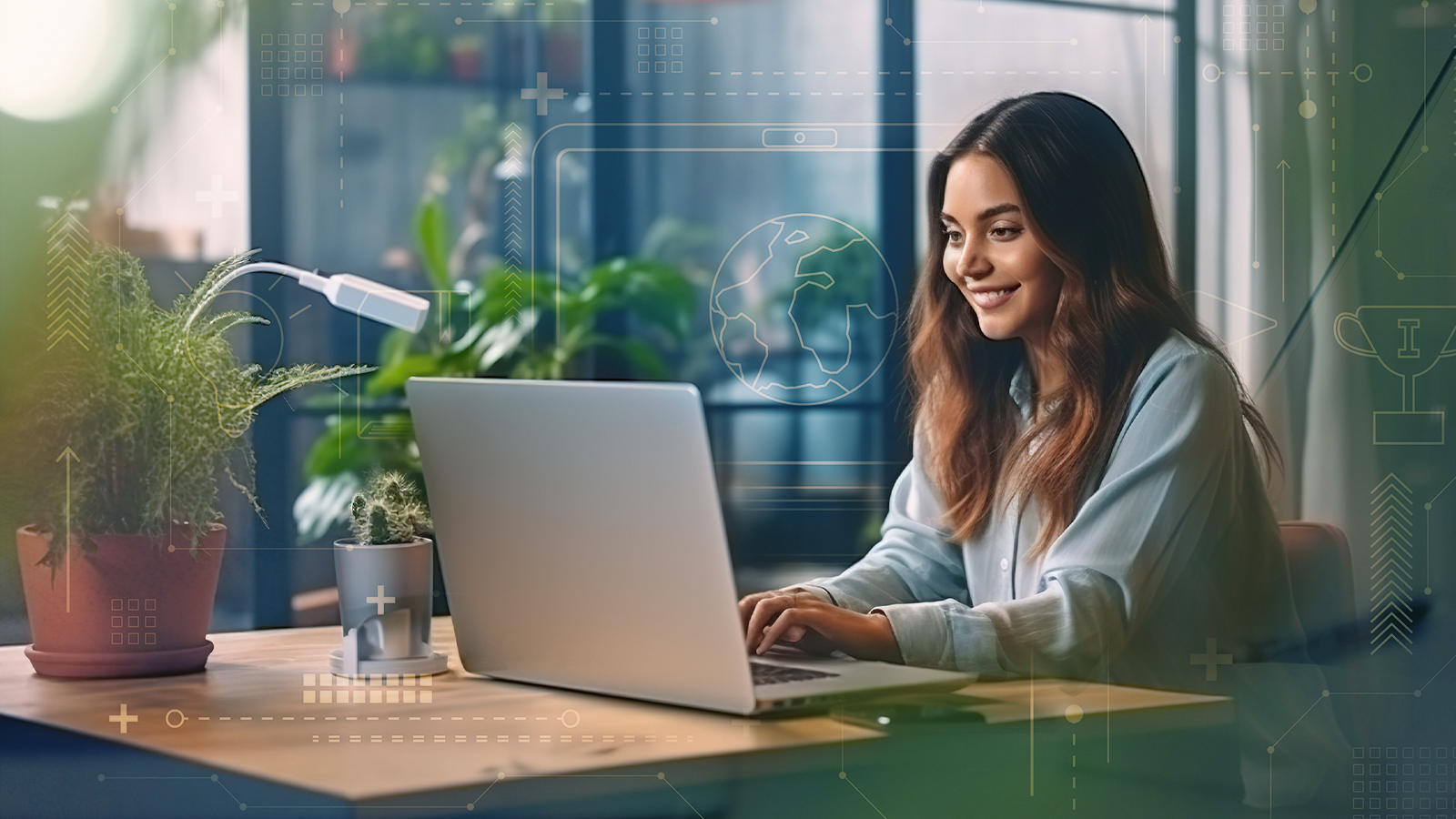 Smiling woman using a laptop in a plant-filled home office with digital icons suggesting global connectivity and productivity