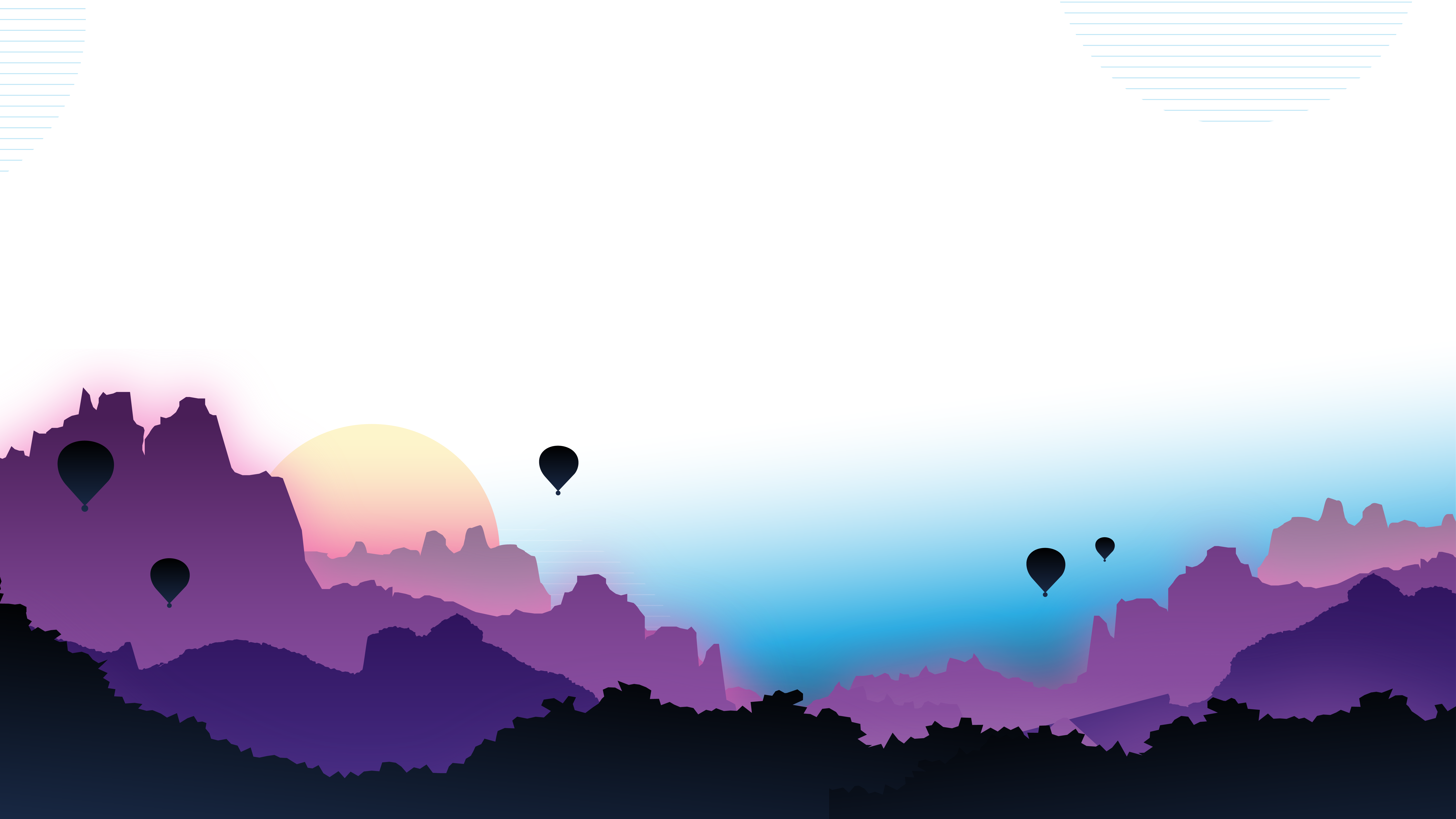 A stylized landscape featuring mountains in shades of purple and pink, with a gradient sky transitioning from blue to white. The sun sets behind the mountains, casting a warm glow. Several silhouetted hot air balloons float in the sky, creating a whimsical and serene scene with soft, blended colors and layered mountain ranges.