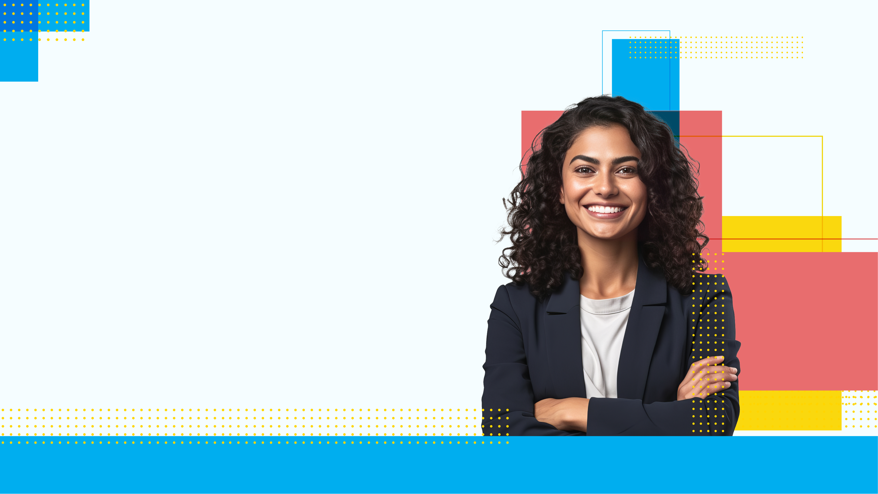 A confident woman with curly hair smiling and crossing her arms, wearing a navy blazer over a white top, stands against a light background with colorful geometric shapes in blue, yellow, and redv