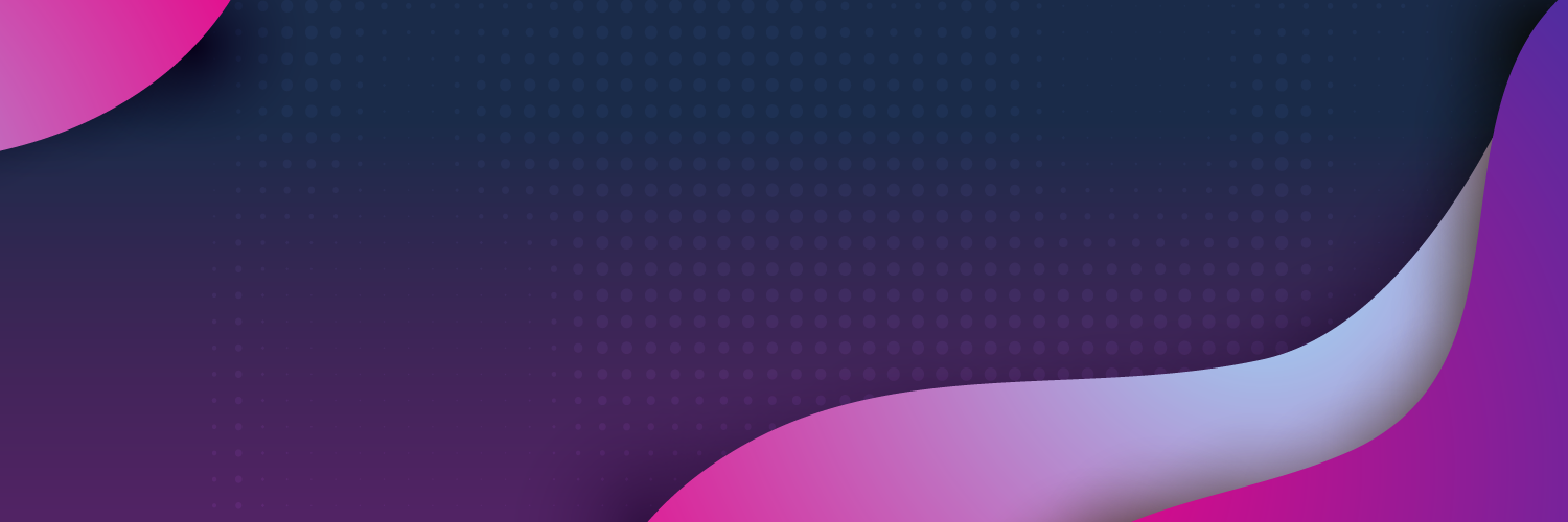 Abstract blue and purple gradient background with pink and purple curved shapes and dotted patterns.