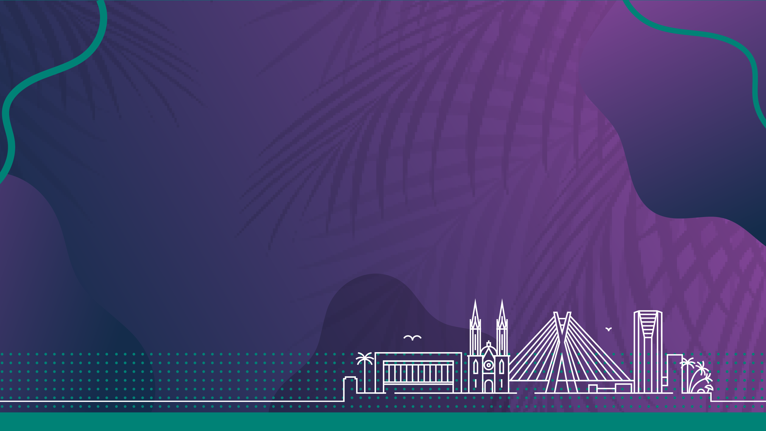 Purple tropical banner with white line-art São Paulo skyline and the Octávio Frias de Oliveira bridge.