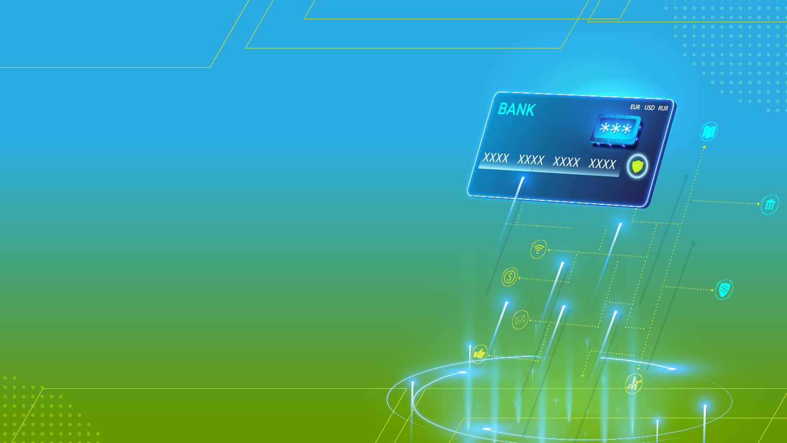 An illustration of a futuristic digital bank card emitting glowing lines towards various financial and technological icons, symbolizing digital payments and financial technology integration. The background transitions from blue at the top to green at the bottom, with subtle geometric patterns and grid lines. This is the carousel image depicting the MRC Virtual Summit for Payments Orchestration.