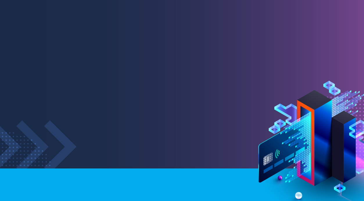 Isometric illustration of a contactless payment card dissolving into digital pixels, representing payment tokenization