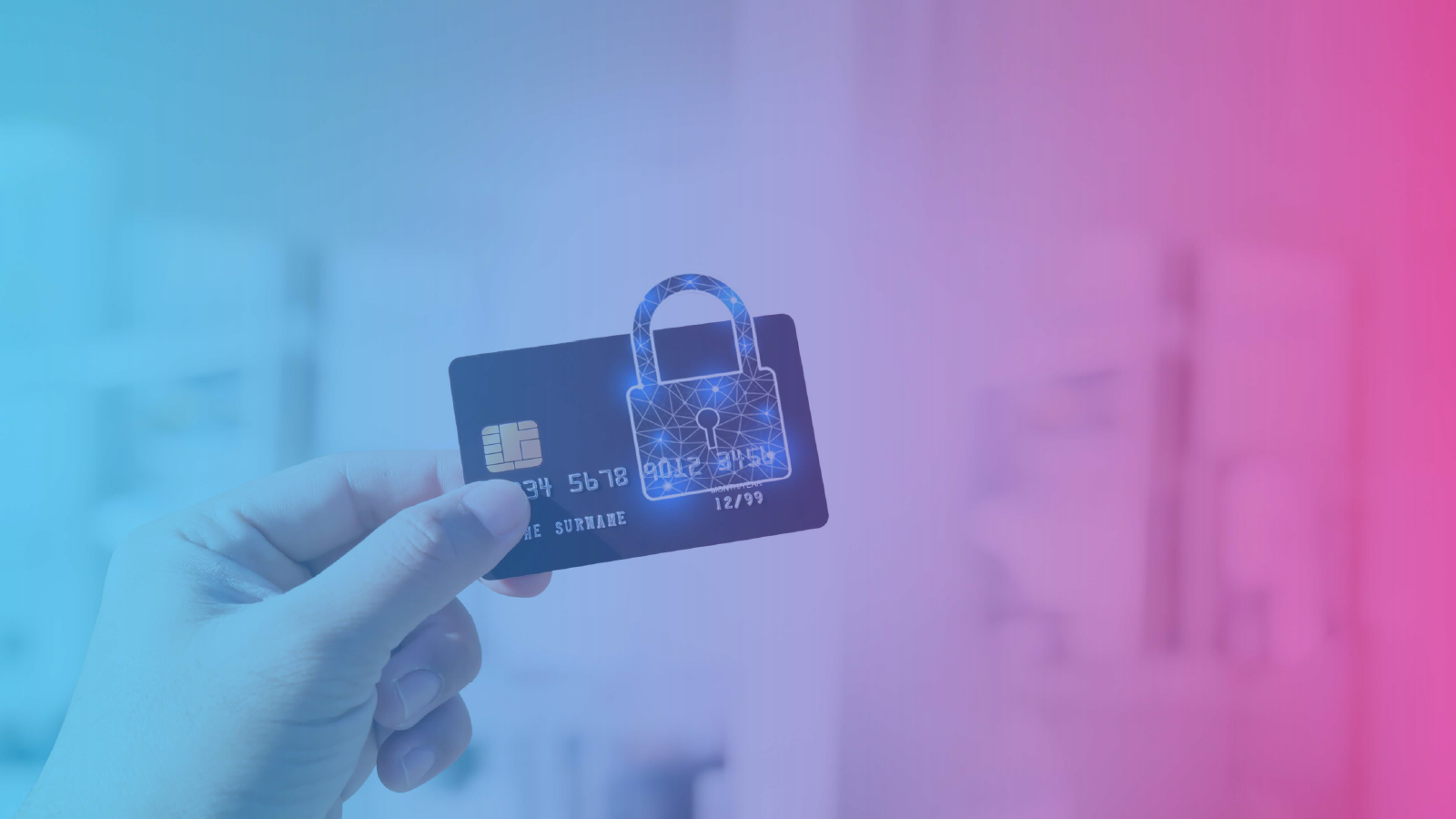 Hand holding a payment card with a digital padlock overlay, set against a blurred indoor background with a blue-to-pink gradient.