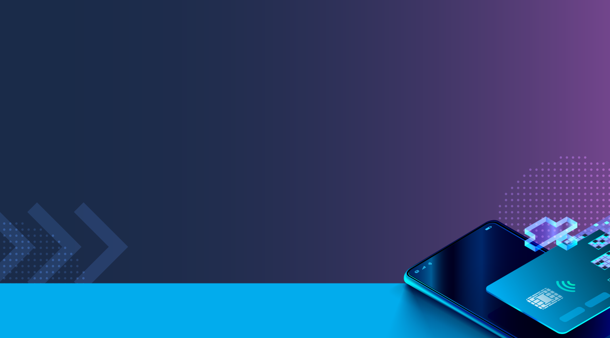 Abstract fintech background with a purple gradient, white frame lines, arrow graphics on the left, and a smartphone displaying a contactless credit card on the right.