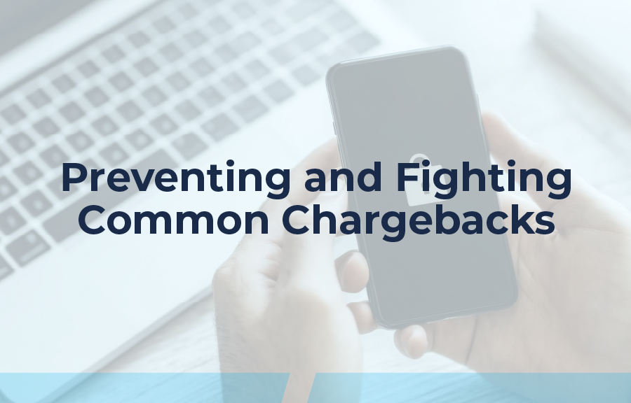 Promotional course image titled “Preventing and Fighting Common Chargebacks,” showing a person holding a smartphone with a laptop keyboard blurred in the background, representing digital payments and chargeback management.