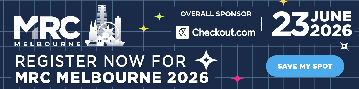 Promotional Banner for MRC Melbourne 2026 June 23, 2026 that says Register Now Overall Sponsor Checkout.com Save My Spot