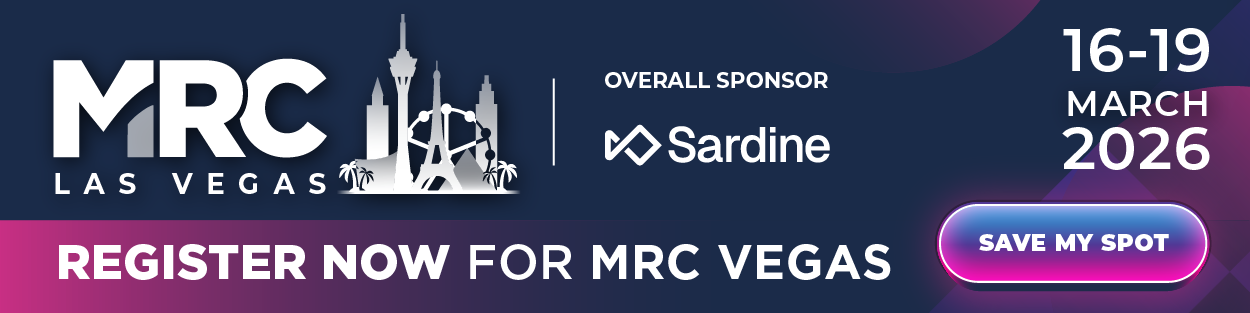 MRC Las Vegas—Register now for MRC Vegas, March 16–19, 2026. Overall sponsor: Sardine. Stylized Las Vegas skyline with a ‘Save My Spot’ button.